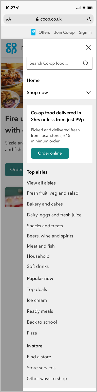 Co-op mobile website navigation under 'Shop now'